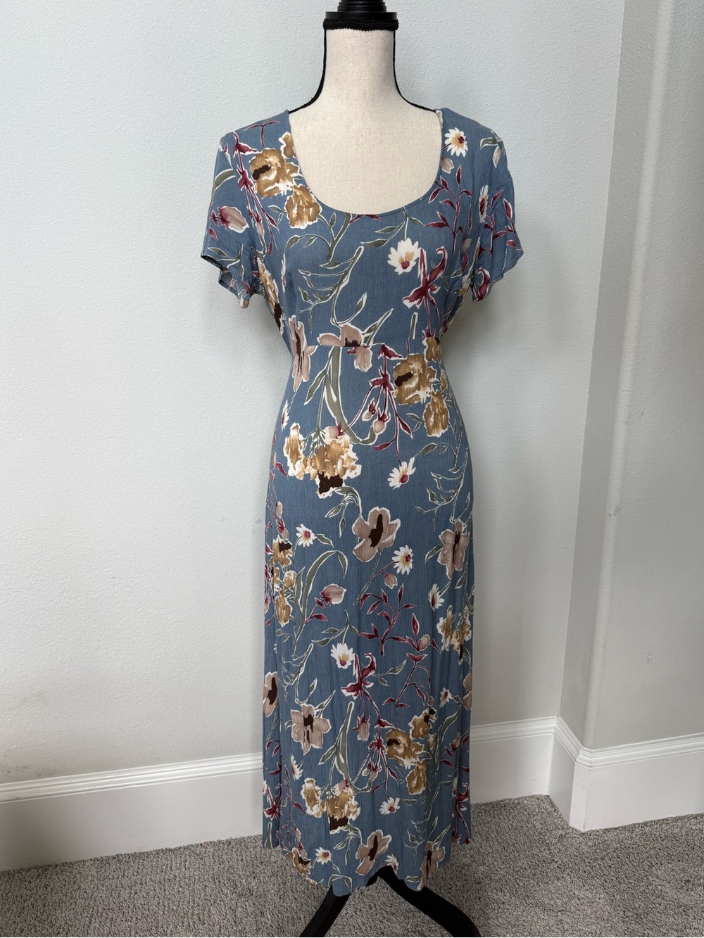 Vintage Jonathan Martin Blue Floral Midi Dress with Tie